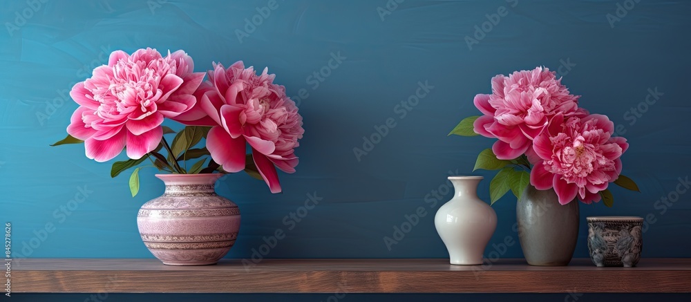 Aufkleber A shelving unit displaying a vase of pink peonies and a figurine is situated near a colorful wall creating a visually appealing scene with copy space image