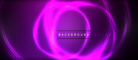 Neon glowing circle rays, light round lines in the dark, planet style neon wave lines. Energetic electric concept design for wallpaper, banner, background