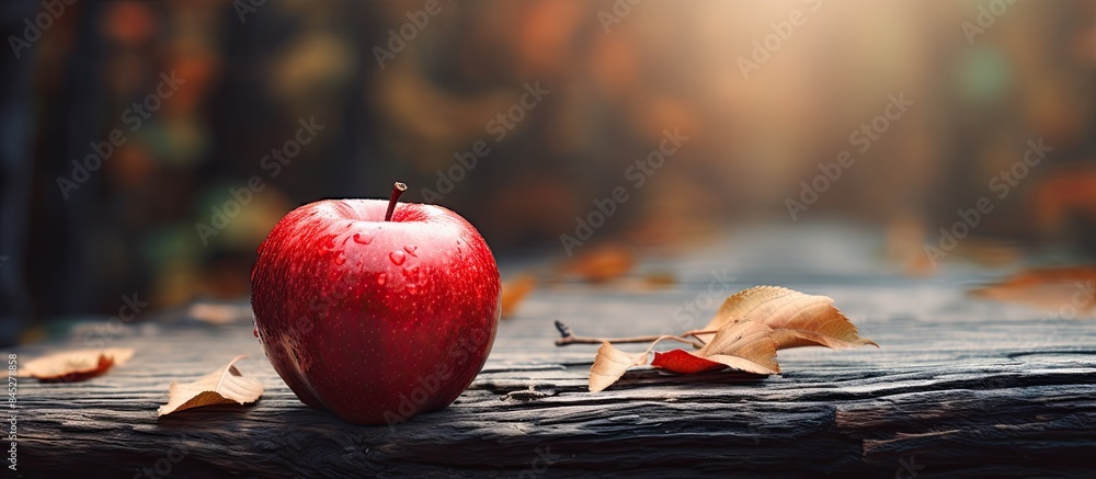 Aufkleber concept design and decorative image of an apple close up on a wooden table surrounded by dry leaves 