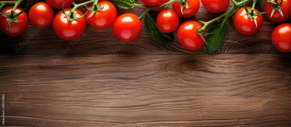 Poster a top view image of fresh red cherry tomatoes on a branch placed on a kitchen table the image convey