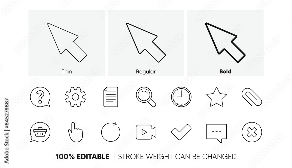 Poster search, video camera and check mark. document, time and question mark line icons. linear icon set. l