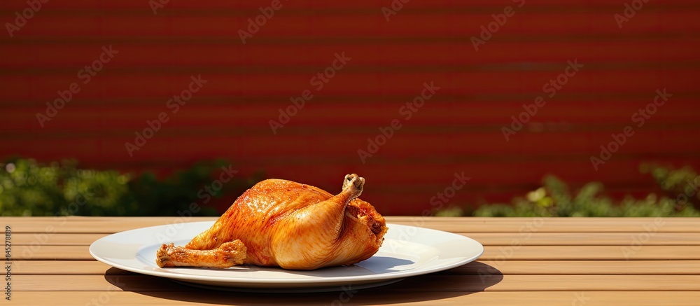 Poster An image featuring a chicken leg placed on an orange plate which sits atop a light wooden table with ample empty space around it for copy 158 characters
