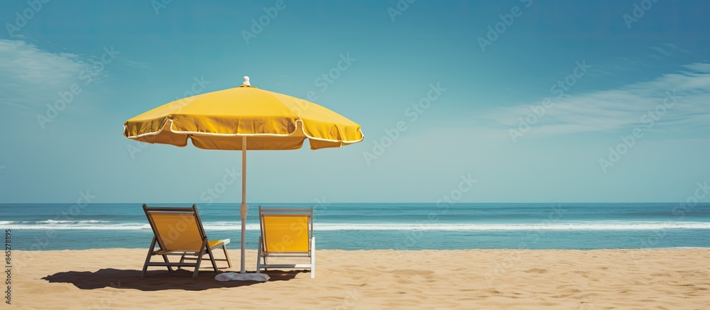 Fototapete A sunny beach with a scenic view of sand beach chairs and a yellow umbrella creating an ideal setting for relaxing with ample copy space image
