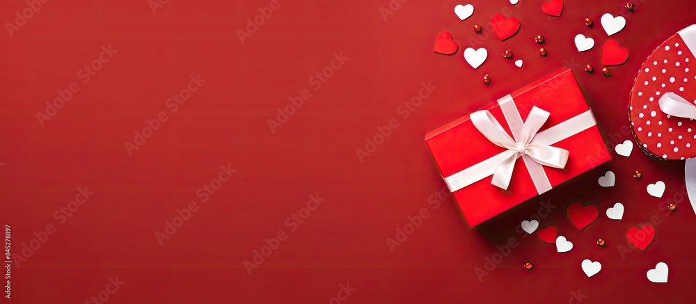 Leinwandbilder Valentine s Day concept with a red gift box adorned with a lovely ribbon and small red and white hearts The box is set against a red background with an empty tag for text The image is presented in a