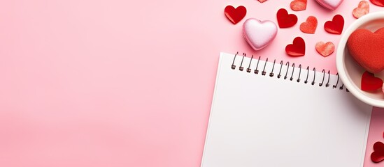 A Valentine s Day themed image featuring a pink background with a notepad page The page is blank white and adorned with small red hearts The background also includes plates with heart shaped pomegran