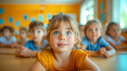 A young girl with bright blue eyes looks up inquisitively while sitting in a classroom with other children