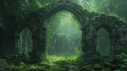 Mystical stone arches covered with moss in a serene forest