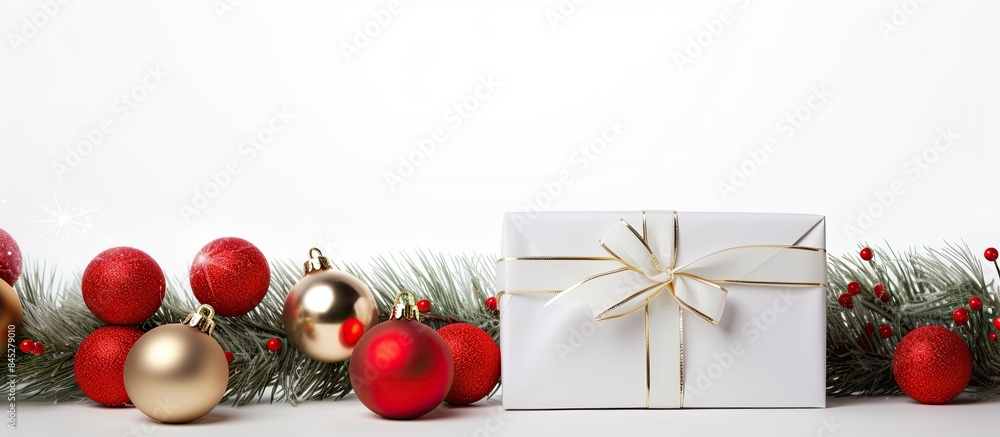 Poster a beautifully wrapped white gift box with a red satin bow and curly ribbon is placed under a christm
