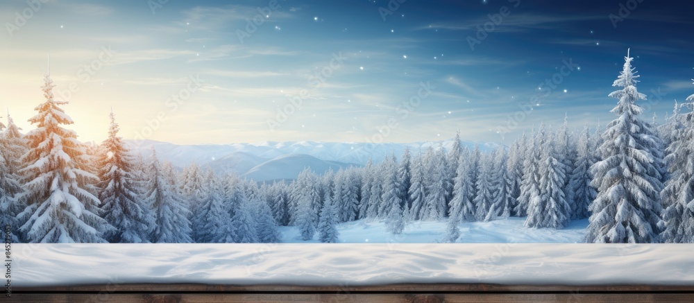 Poster A picturesque winter landscape with snow covered fir trees and a wooden table top creating a perfect setting for a Merry Christmas and happy New Year greeting background The image features a combinat