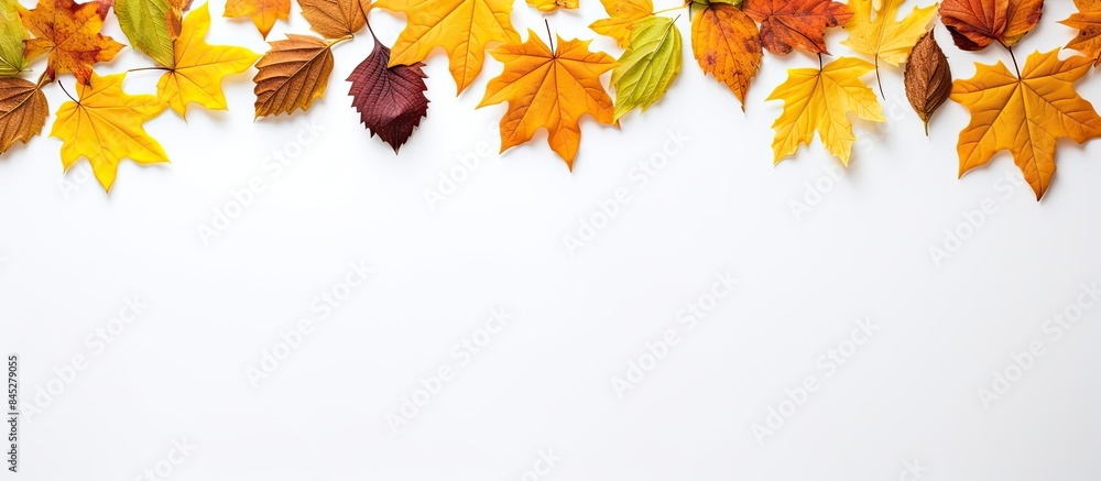 Aufkleber Autumn leaves create a composition on a white background forming a frame The arrangement is captured from a top down view and there is ample copy space It evokes the essence of Thanksgiving and Hallo