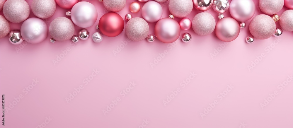 Poster a minimal christmas themed flat lay composition featuring pink decorations on a pastel pink backgrou