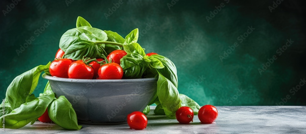 Poster a vibrant arrangement of fresh spinach leaves and bright cherry tomatoes adorns a white colander on 