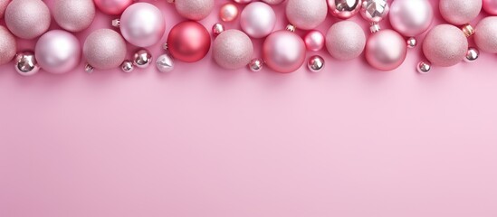 Fototapeta premium A minimal Christmas themed flat lay composition featuring pink decorations on a pastel pink background The image has a lot of empty space for text or other elements. Creative banner. Copyspace image