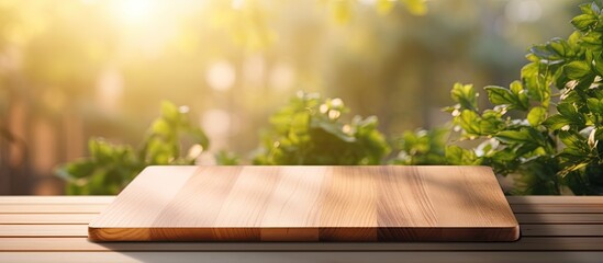 A wooden board with shadows and a blurred background from a spring window creates a copy space image perfect for showcasing products on a sunny warm day
