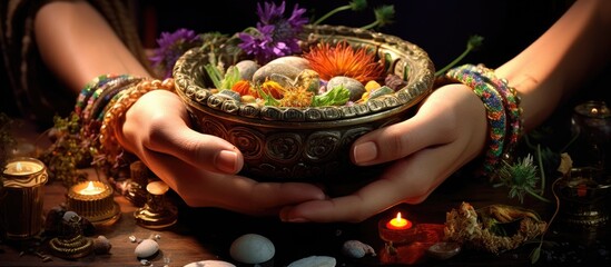 In a mystical ritual a female hand with bracelets artistically blurs as it holds an amulet over a bowl of herbs The image captures the essence of astrology fortune telling esotericism and clairvoyanc