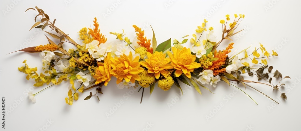 Aufkleber a yellow bouquet of fresh flowers arranged on a white surface captured from a top down perspective o