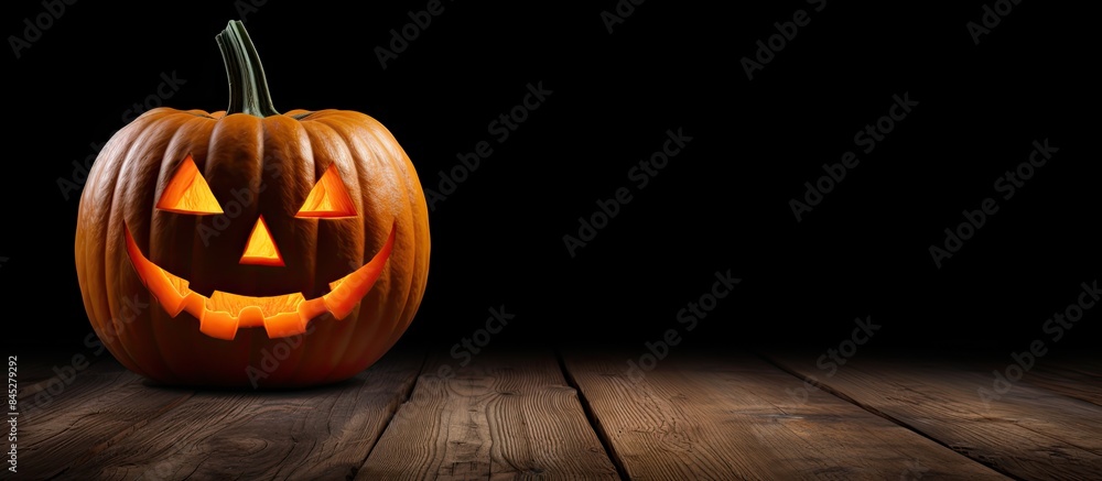 Aufkleber a halloween celebration with a pumpkin adorned with a carved face placed on a wooden table against a