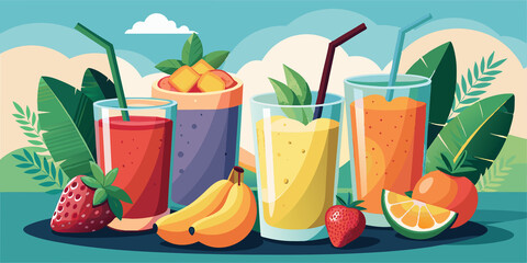 An illustration of four jars filled with colorful natural smoothies, each with a straw. The scene includes various fruits such as strawberries, bananas, blueberries, and watermelon