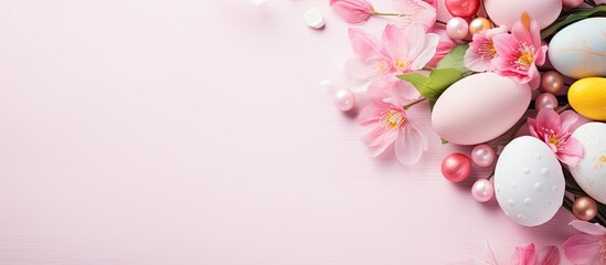 A vibrant pink background adorned with Easter decorations and colorful letters that spell out HAPPY EASTER This captivating image offers copy space for your text and captures the essence of Easter ce