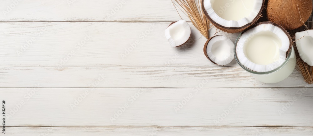 Poster flat lay copy space image of coconut products on a white wooden table background including a dairy f
