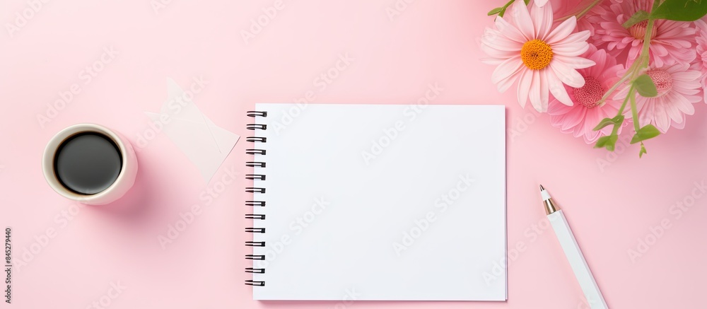 Aufkleber High quality photo of a flat lay style with a pink work desk featuring a blank notebook office supplies and a lettering that says Hello The top view offers a copy space image