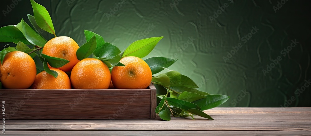 Poster on the table there is a wooden box containing fresh mandarin oranges or tangerines with leaves creat