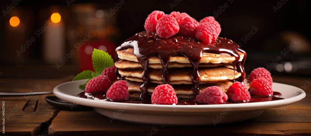 Poster copy space image of a rustic wooden table adorned with homemade pancakes topped with fresh raspberri