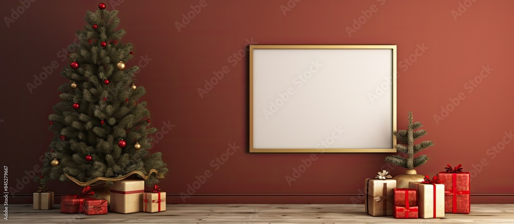 Poster a copy space image of a blank frame is displayed on top of a chest of drawers surrounded by gifts ne