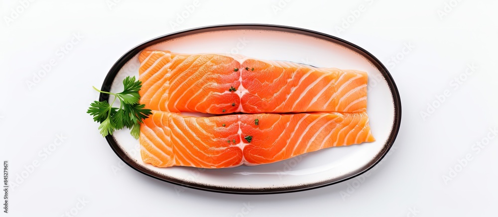 Aufkleber a fresh salmon fillet steak being cooked in a pan captured from above on a white background with ple