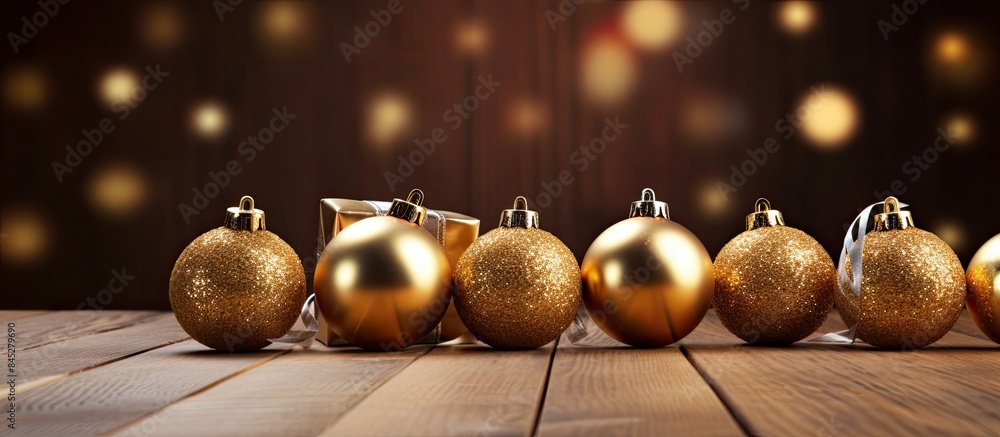Poster copy space image of golden christmas decorations including presents in boxes arranged on a wooden ba