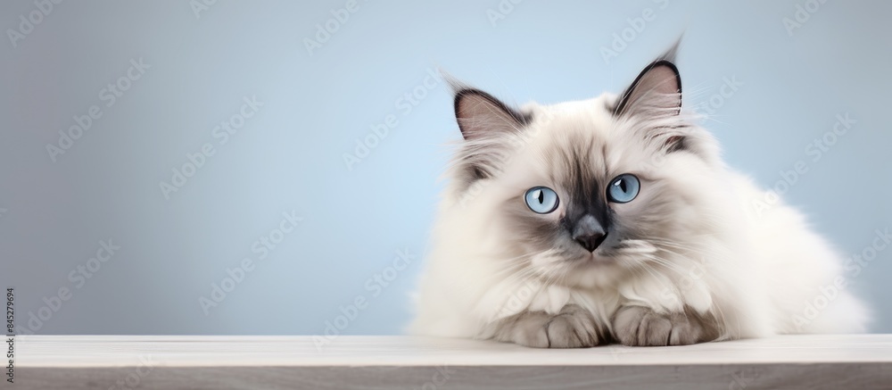 Poster copy space image of a gorgeous birman kitten displaying stunning blue eyes representing the perfect 