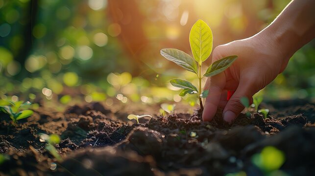 A close-up of a person's hand planting a tree for World Environment Day, emphasizing eco-friendly actions, with room for copy space