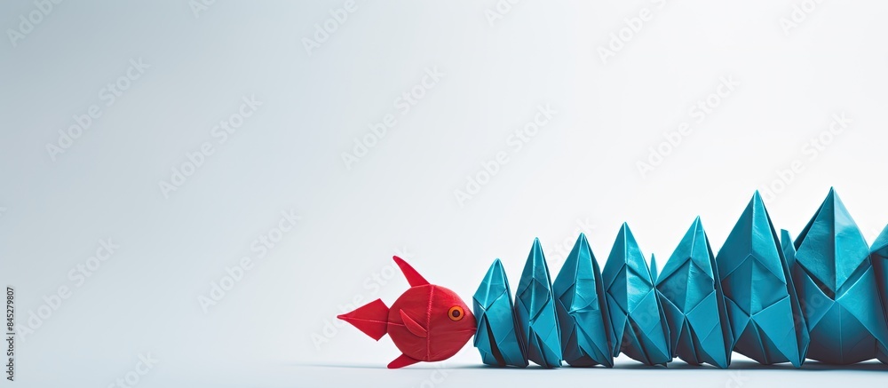 Poster a red paper origami fish sits on a white background leading a group of blue origami fish the image d