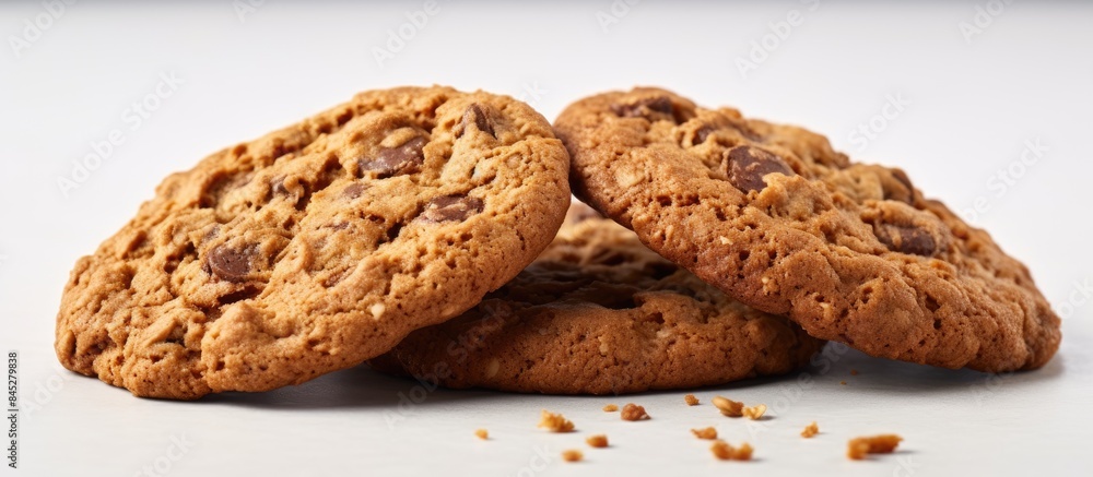 Poster A close up copy space image of three enticing dark brown oatmeal cookies placed on an earthenware surface and isolated against a white background
