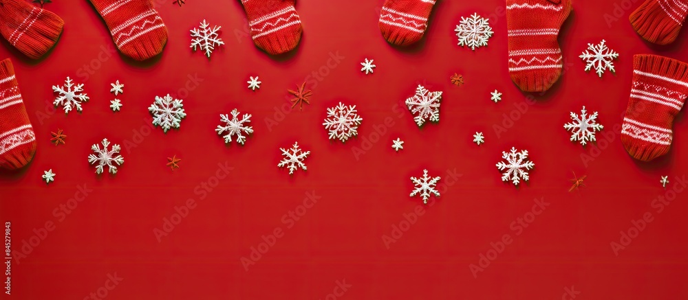 Poster A festive flat lay image with Christmas decorations on a colorful geometric backdrop It features red knitted mittens adorned with snowflake motifs creating a minimal New Year concept The image provid