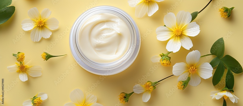 Poster A healing face cream for troubled skin stored in an open jar with a textured appearance offers moisturizing care The image features copy space and showcases yellow flowers in a top view flat lay