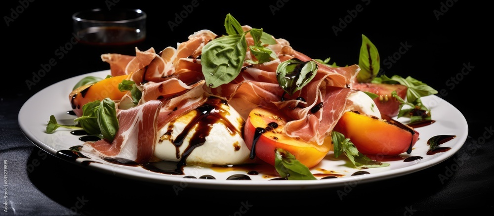 Aufkleber close up top view of a fresh gourmet salad on a white plate against a black background featuring gri