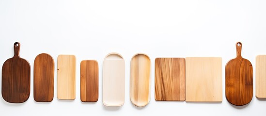 A top down view of cutting boards and wooden spatulas on a white background offering a copy space image and conveying the concept of culinary backgrounds