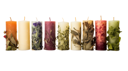 Photograph of a collection of hand-rolled herbal candles, each with a unique blend of essential oils