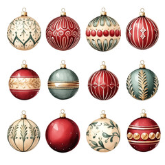 Watercolor set of wintage Christmas tree balls isolated on white background.
