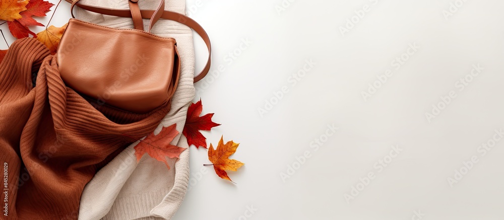 Poster a seasonal autumn concept featuring a top view of a suede bag cosy scarf and sweater and autumn leav
