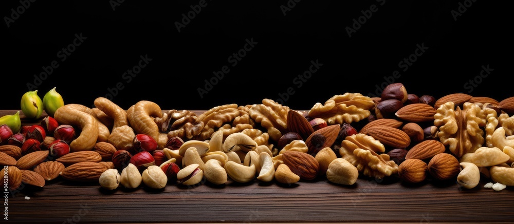Poster Assorted nuts like hazelnuts cashews raisins almonds peanuts and walnuts arranged on a background of black wood creating a copy space image