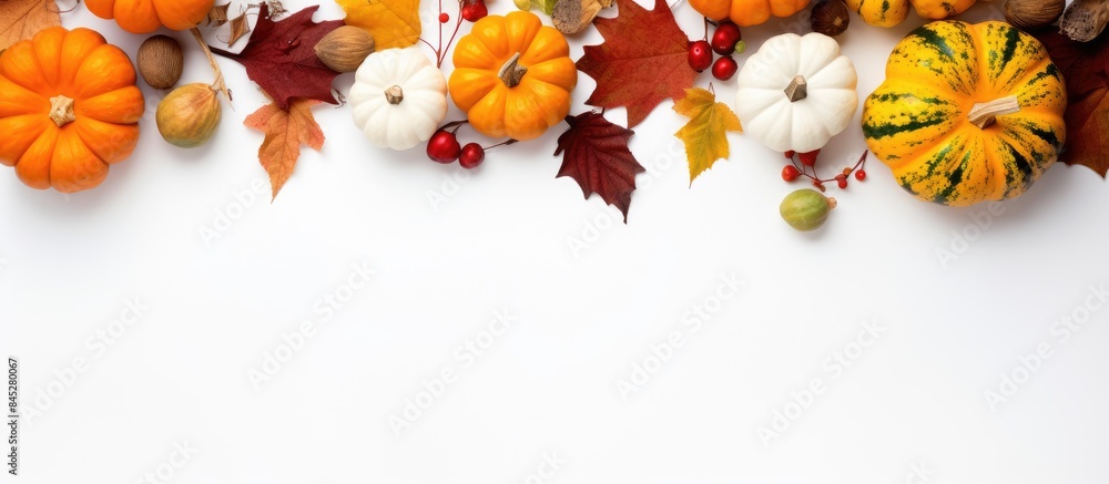 Aufkleber a top down view of a white background adorned with pumpkins leaves and other autumnal elements perfe