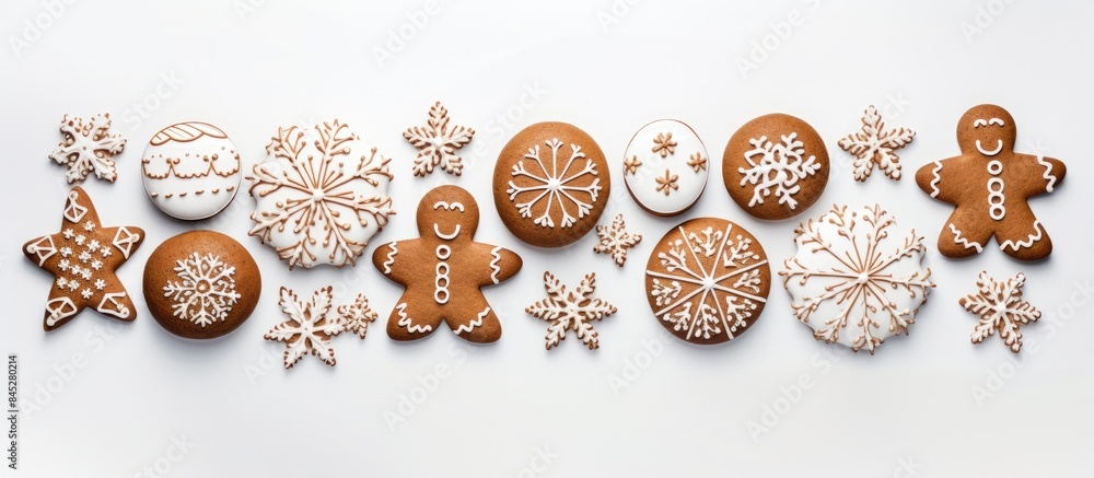 Poster The image showcases gingerbread cookies shaped like eggs and an Easter bunny on a white background It is a festive holiday background with a top view providing ample space for text The decorations re