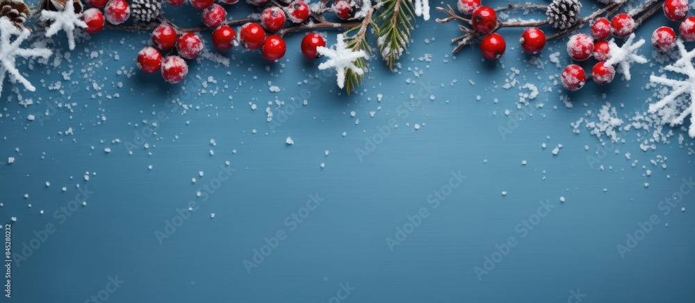 Poster a festive composition for christmas and new year with snowflakes deer spruce branches and red berrie