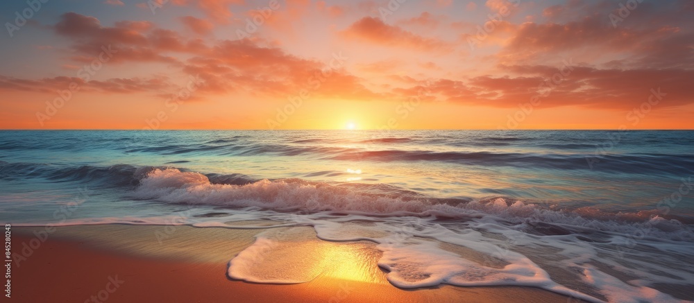 Poster Beautiful sunset at the beach with a mesmerizing view of the sun disappearing into the horizon creating a serene ambiance Perfect for a copy space image