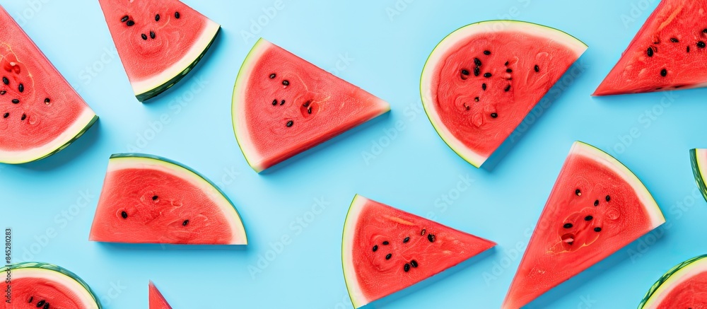 Poster bright light blue background with a red watermelon slice pattern creates a fresh and trendy summer a