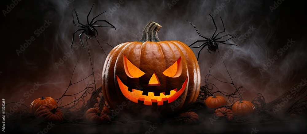 Poster a spooky halloween pumpkin adorned with spiders and webs set against a dark background this image em