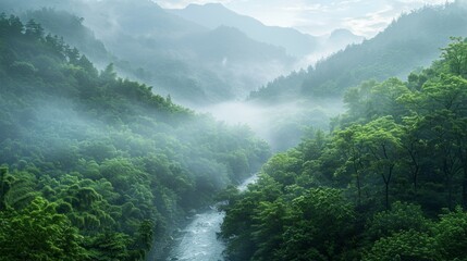 Obraz premium A serene landscape with a winding river flowing through lush forests and mist-covered mountains, creating a sense of peace and tranquility, ideal for promoting relaxation and rejuv