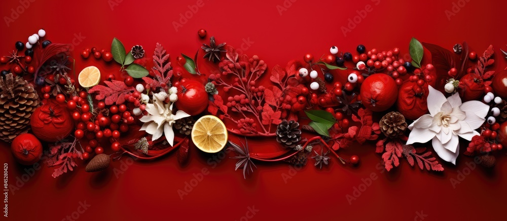 Poster A festive holiday arrangement with Christmas elements on a vibrant red backdrop captured from an overhead perspective providing ample space for customization or text overlay